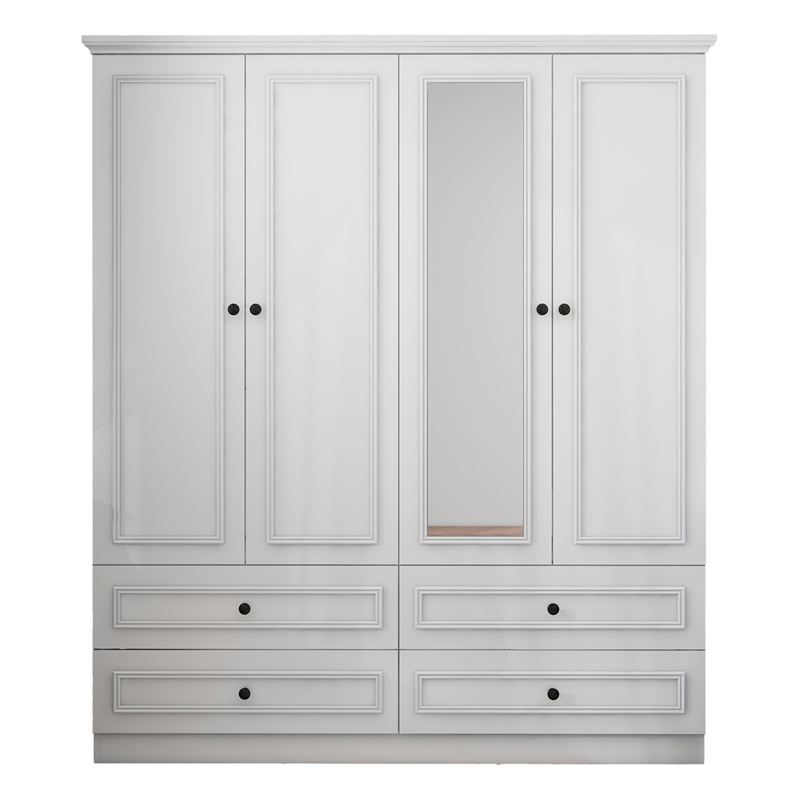 4 Doors Wood Armoire Wardrobe Closet Organize 4 Drawers Mirror for Bedroom White