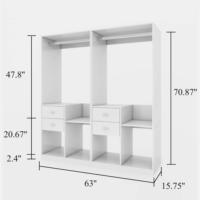 White Walk-in Closet Systems with 4 Drawers and Shelves Clothes Storage Wood