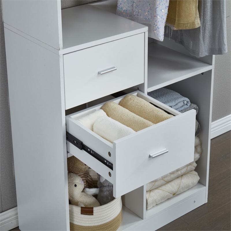 White Walk-in Closet Systems with 4 Drawers and Shelves Clothes Storage Wood