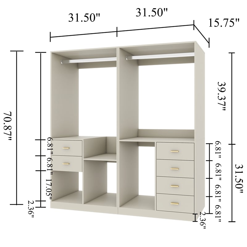 Closet Walk-in Closet Kit 6 Closet System Drawers Shelves 2 Hanging Rods Clothes