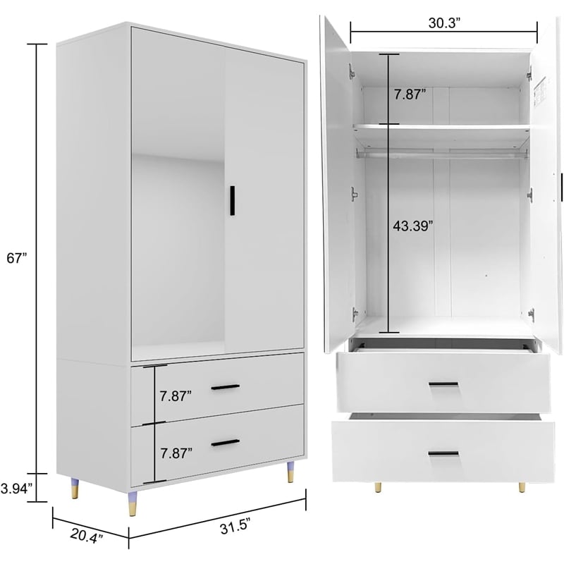 2 Doors Wood Armoire Wardrobe Closet 2 Drawers and Mirror for Bedroom White