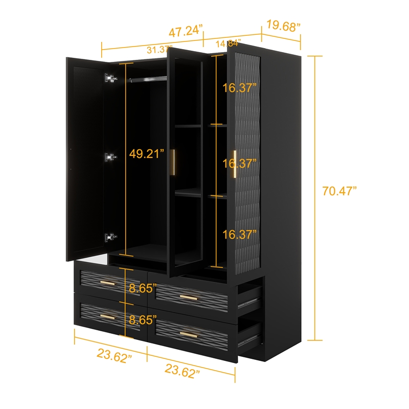 3 Doors Wood Armoire Wardrobe Closet with Modern Mirrors Wardrobe Closet  Black