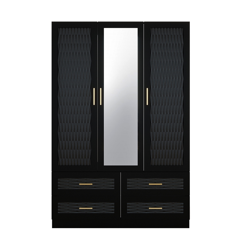 3 Doors Wood Armoire Wardrobe Closet with Modern Mirrors Wardrobe Closet  Black