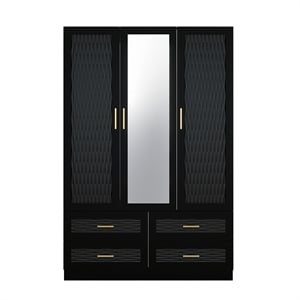 3 Doors Wood Armoire Wardrobe Closet with Modern Mirrors Wardrobe Closet  Black
