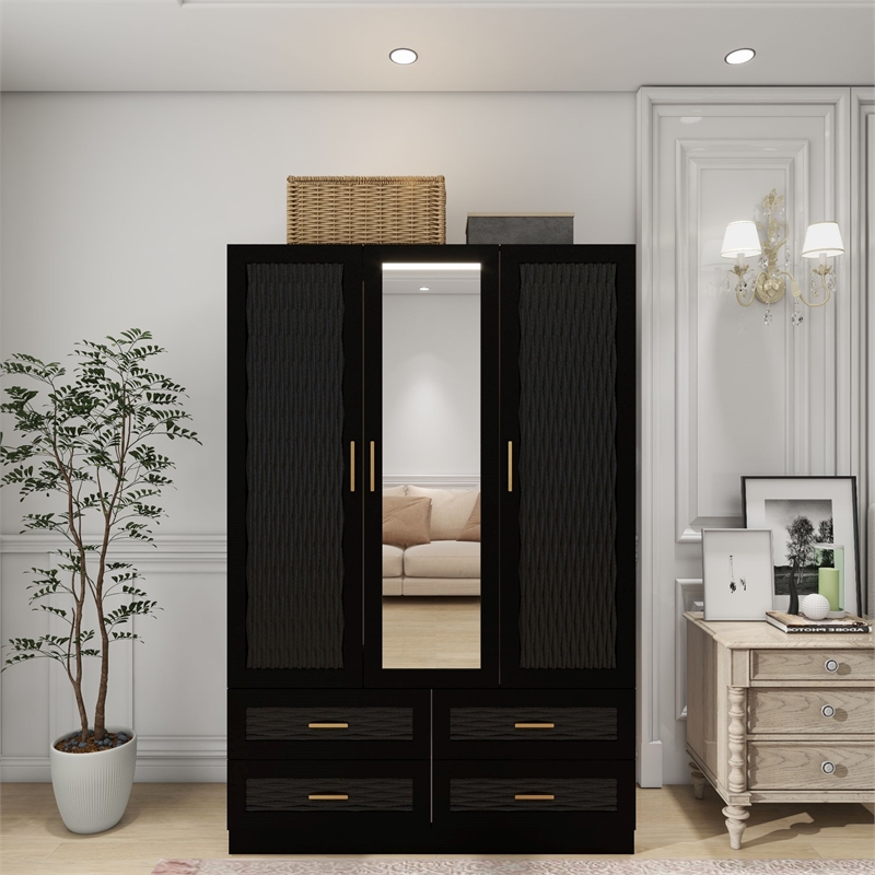 3 Doors Wood Armoire Wardrobe Closet with Modern Mirrors Wardrobe Closet  Black