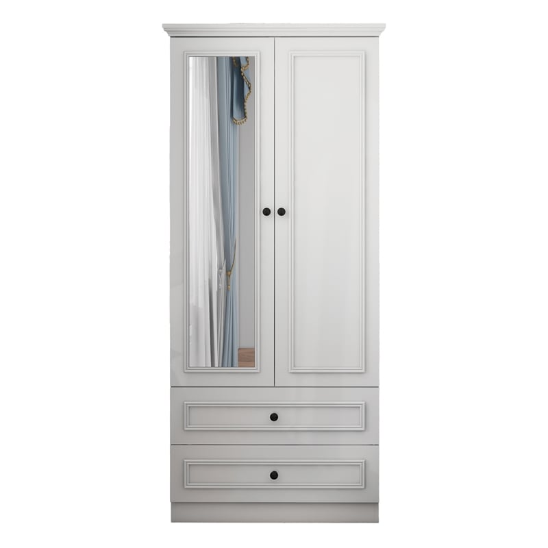 White 2 Doors Wardrobe with Mirror Wood Storage Drawers Modern Bedroom Furniture