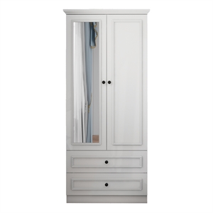 White 2 Doors Wardrobe with Mirror Wood Storage Drawers Modern Bedroom Furniture