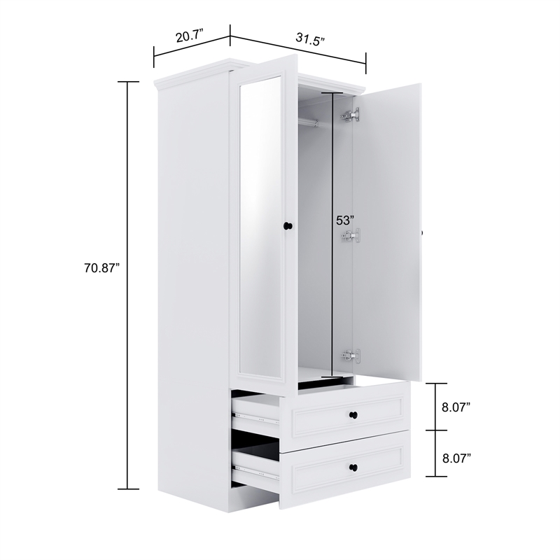 White 2 Doors Wardrobe with Mirror Wood Storage Drawers Modern Bedroom Furniture