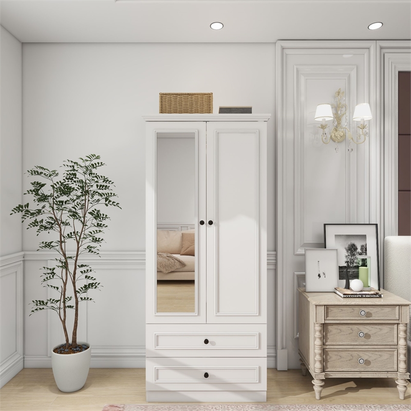 White 2 Doors Wardrobe with Mirror Wood Storage Drawers Modern Bedroom Furniture