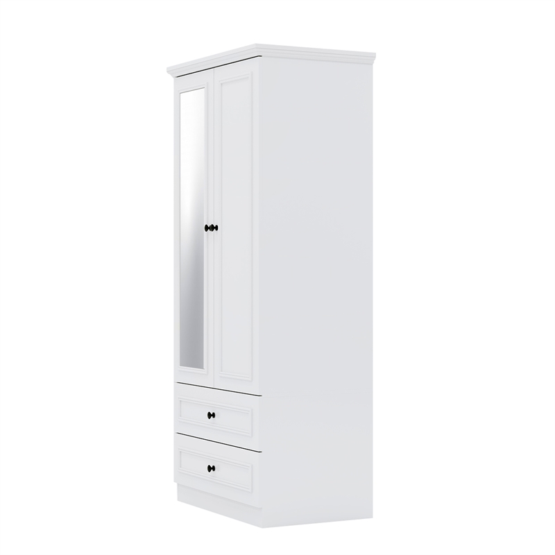 White 2 Doors Wardrobe with Mirror Wood Storage Drawers Modern Bedroom Furniture