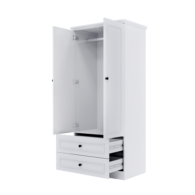 White 2 Doors Wardrobe with Mirror Wood Storage Drawers Modern Bedroom Furniture