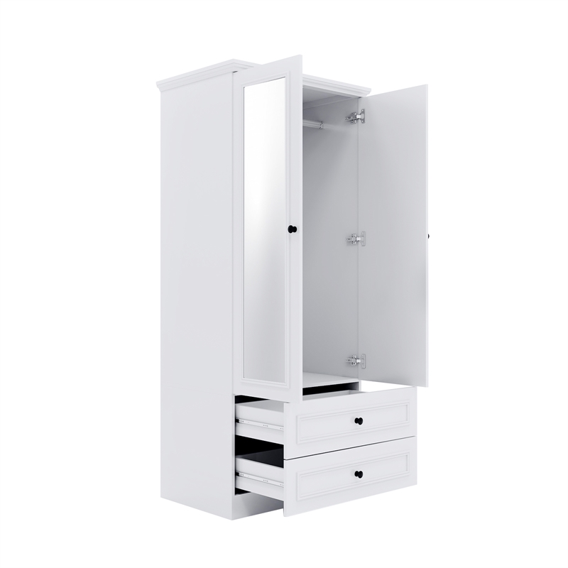 White 2 Doors Wardrobe with Mirror Wood Storage Drawers Modern Bedroom Furniture