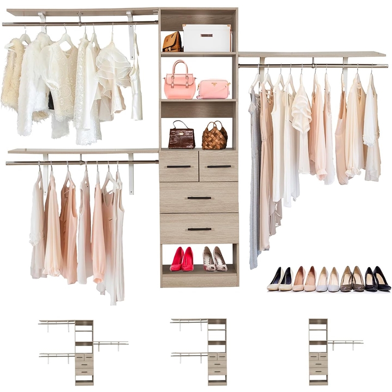 Wood Closet Organizer System with 3 Shelf Towers Closet System 4 Drawers Oak