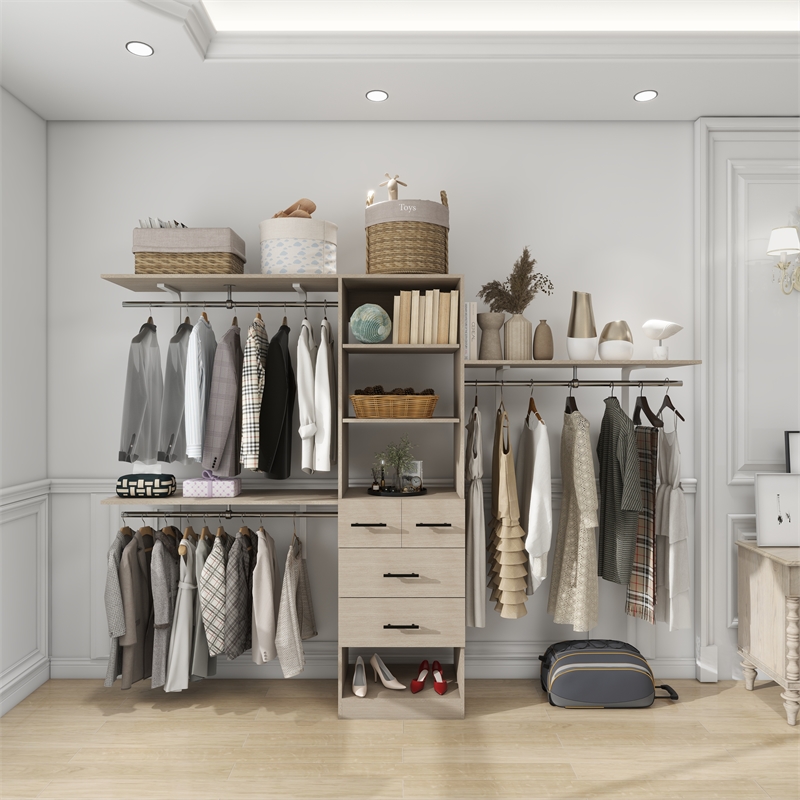 Wood Closet Organizer System with 3 Shelf Towers Closet System 4 Drawers Oak