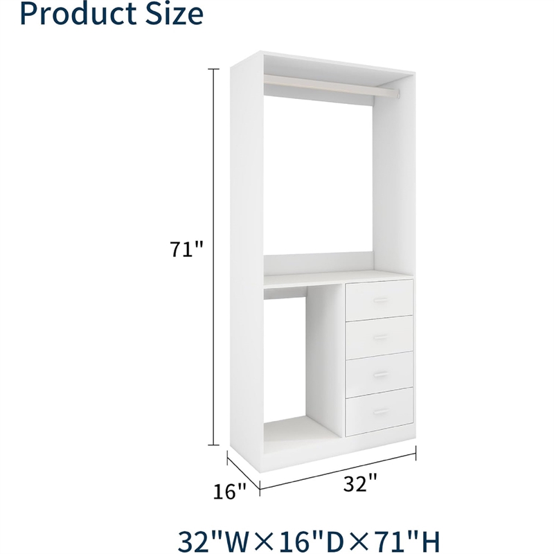 White Wooden Closet Organizer Clothes System with 4 drawers Wall Mounted