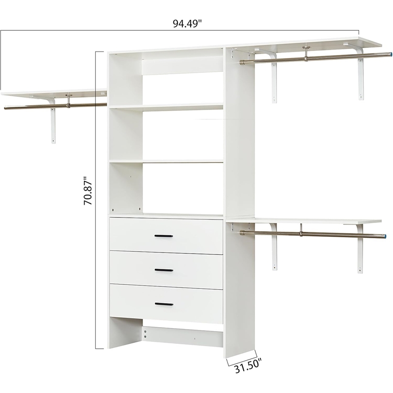 Wood Closet System with 3 Drawers White Built-in Closet Organizer for Bedroom