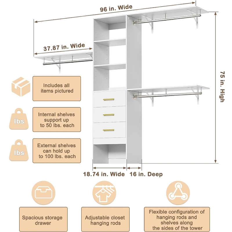Wood Closet System with 3 Drawers White Built-in Closet Organizer for Bedroom