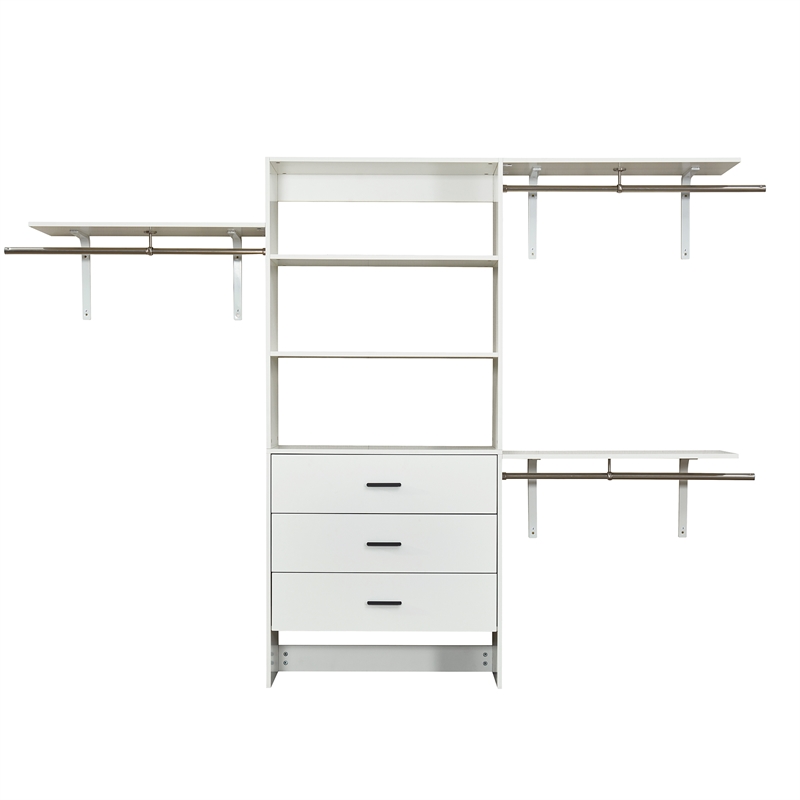 Wood Closet System with 3 Drawers White Built-in Closet Organizer for Bedroom