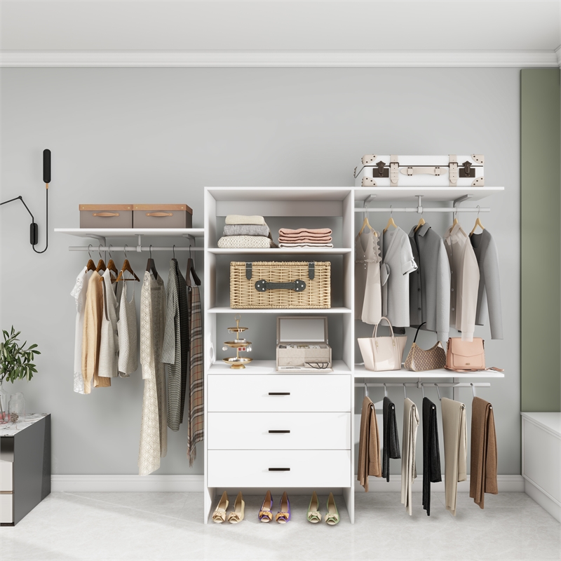 Wood Closet System with 3 Drawers White Built-in Closet Organizer for Bedroom