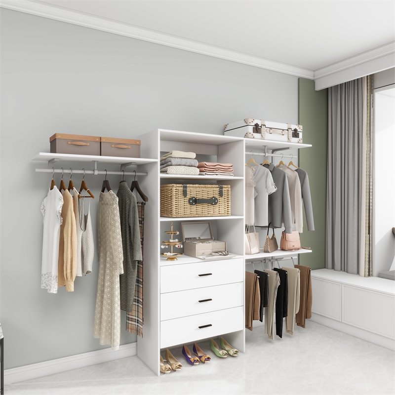 Wood Closet System with 3 Drawers White Built-in Closet Organizer for Bedroom