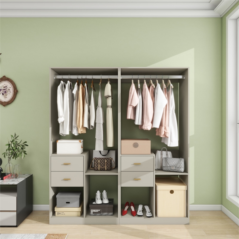 Gray Wood Built-in Closet System with 4 Drawers and Shelves Storage Organization
