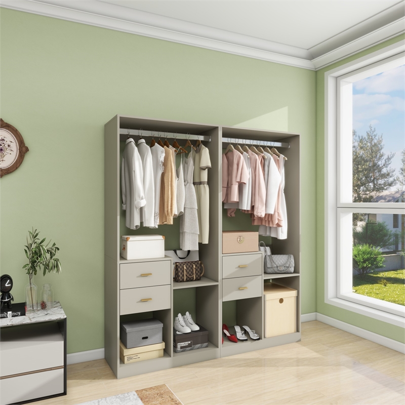 Gray Wood Built-in Closet System with 4 Drawers and Shelves Storage Organization