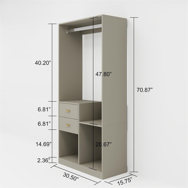 Gray Wood Built-in Closet System with 4 Drawers and Shelves Storage Organization