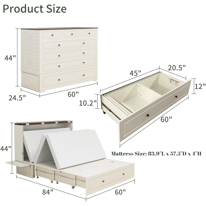 Livelylodge Wood Queen Murphy Bed with Storage Drawer in White-Included Mattress