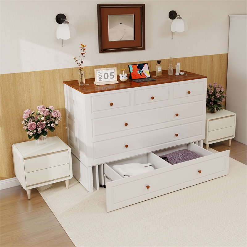 Livelylodge Wood Queen Murphy Bed with Storage Drawer in White-Included Mattress