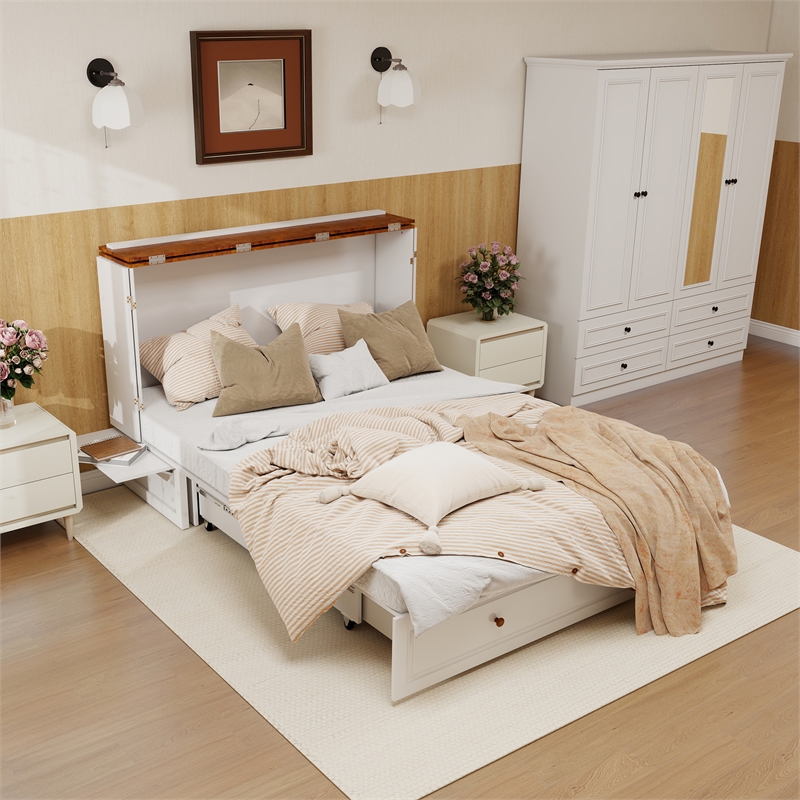 Livelylodge Wood Queen Murphy Bed with Storage Drawer in White-Included Mattress