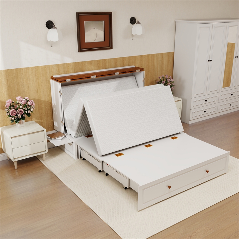 Livelylodge Wood Queen Murphy Bed with Storage Drawer in White-Included Mattress