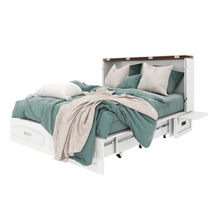 Queen Wood Murphy Bed Cabinet with Built-in Charger White-Included Mattress
