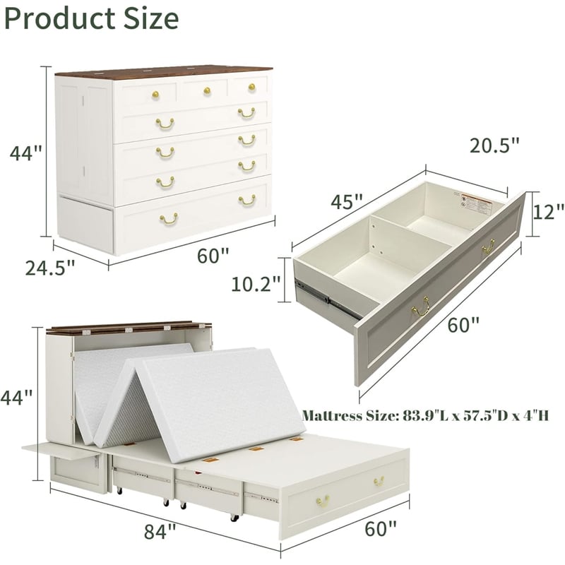Queen Wood Murphy Bed whit Chest with Built-in Charger white-Included Mattress