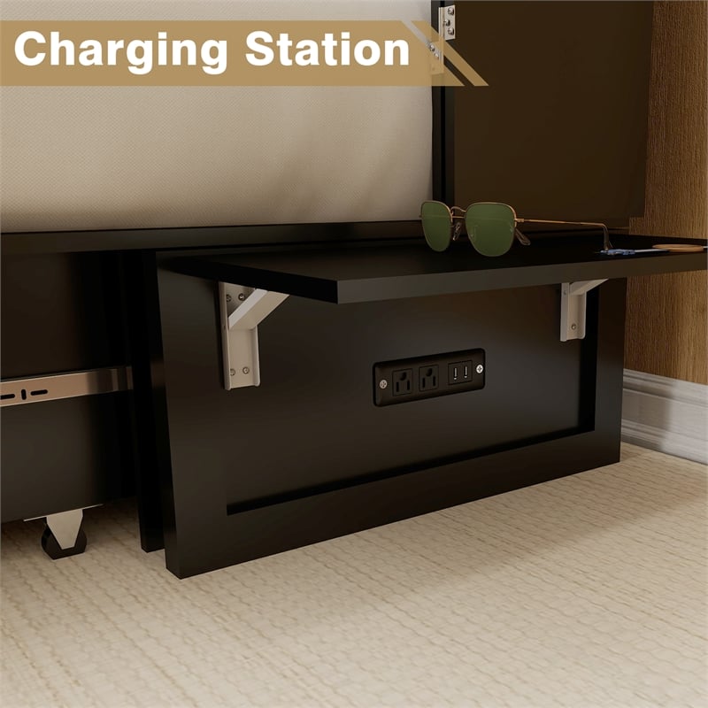livelylodge Queen Wood Murphy Bed whit Chest with Built-in Charger Black