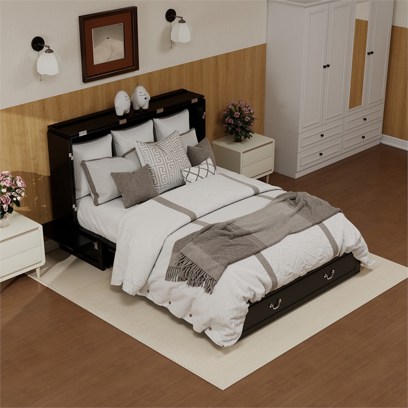 livelylodge Queen Wood Murphy Bed whit Chest with Built-in Charger Black