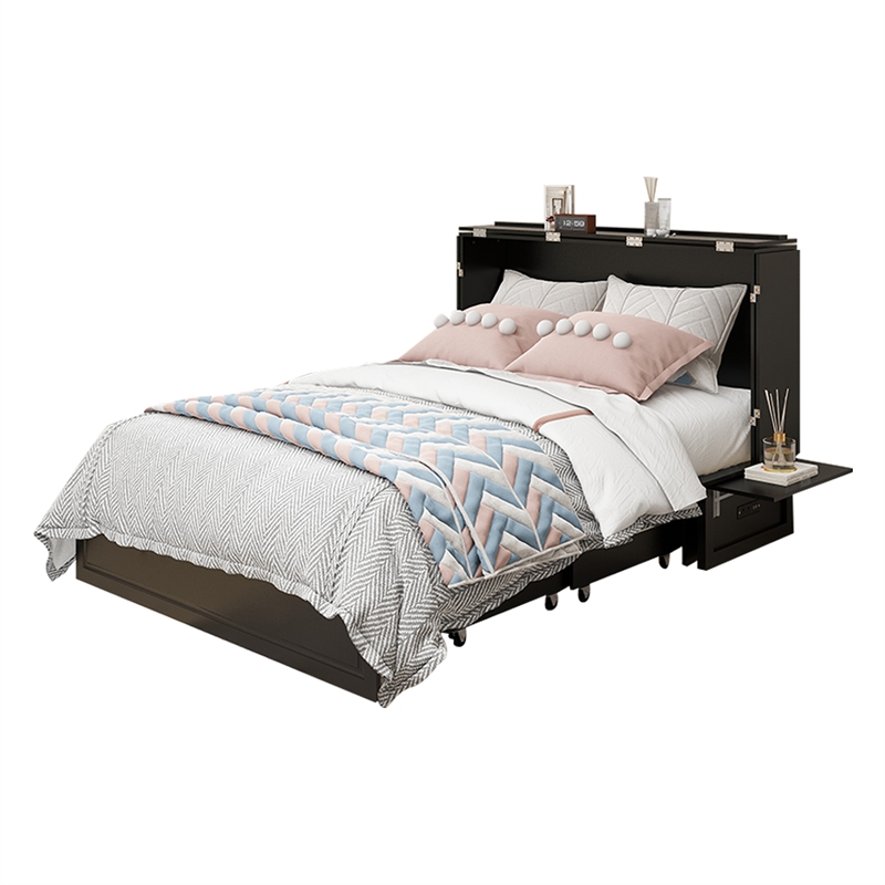 livelylodge Queen Wood Murphy Bed whit Chest with Built-in Charger Black