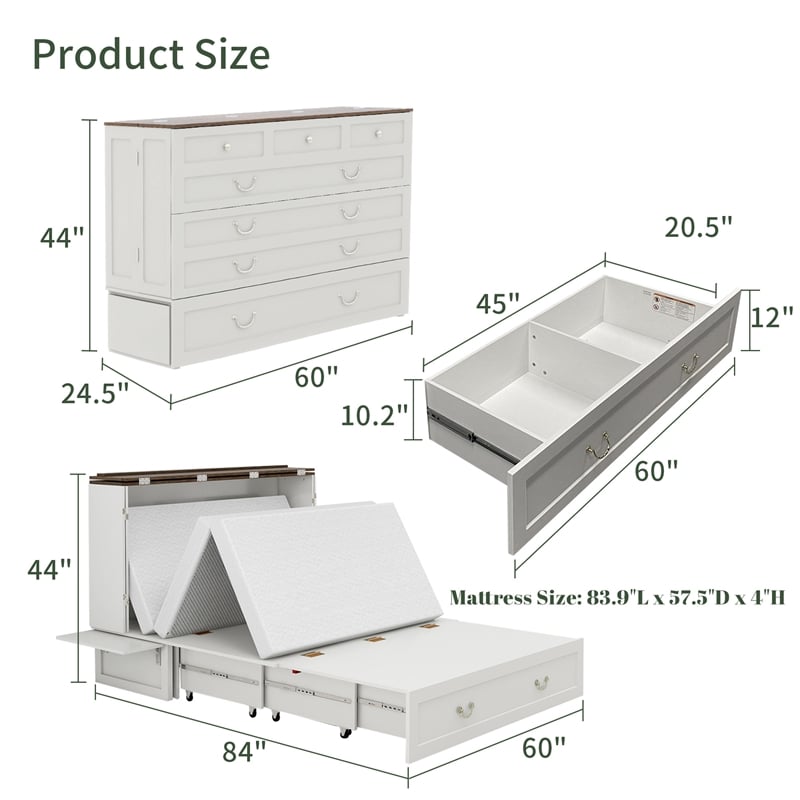 Livelylodge Queen Wood Murphy Bed whit Chest with Built-in Charger white