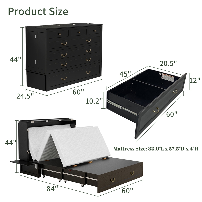 Livelylodge Queen Wood Murphy Bed with Drawers Charging Station Black