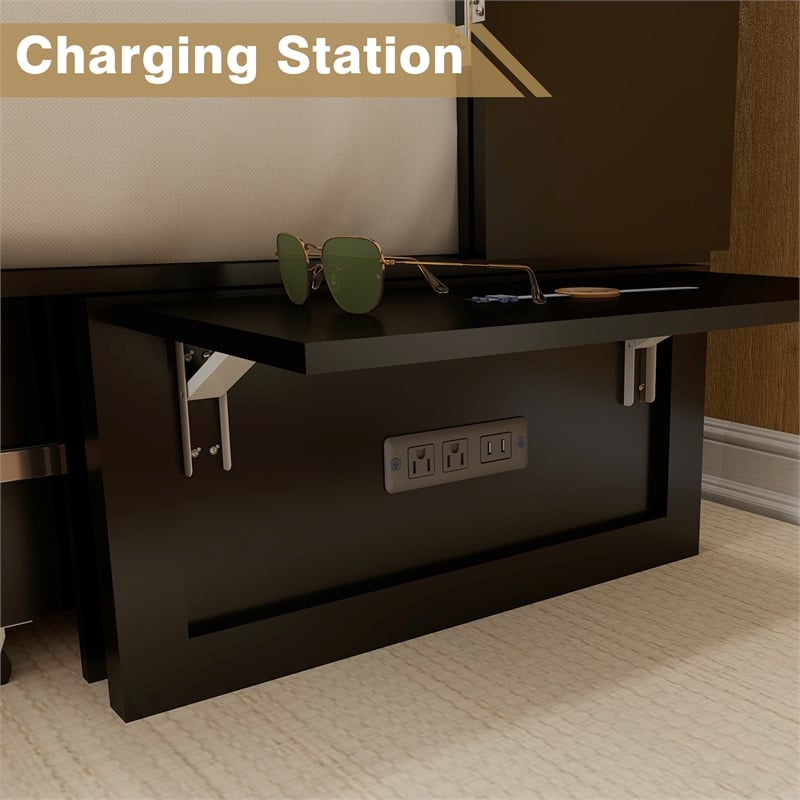 Livelylodge Queen Wood Murphy Bed with Drawers Charging Station Black