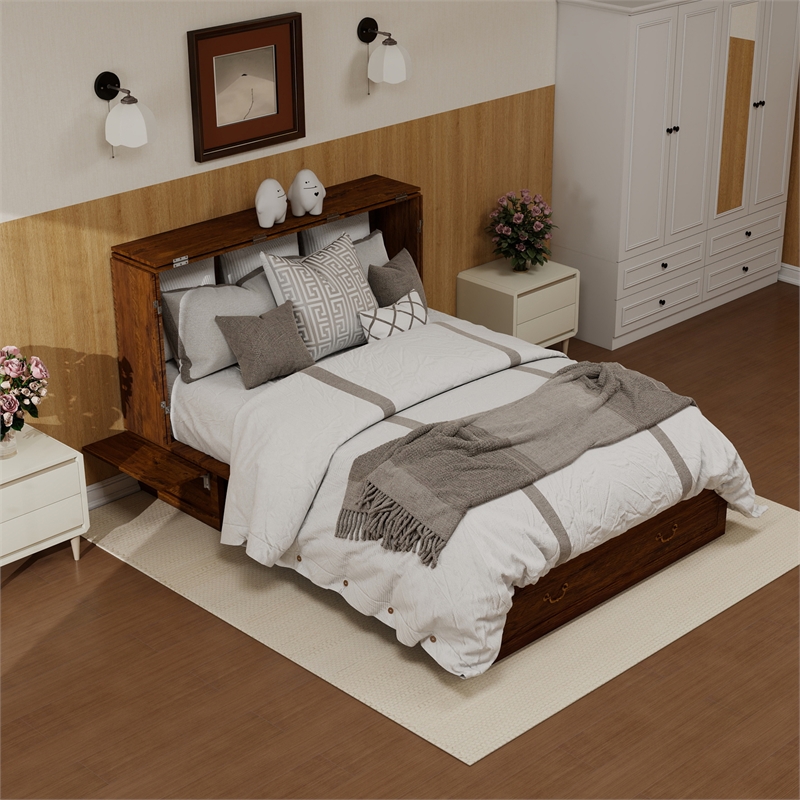 Livelylodge Queen Wood Murphy Bed with Built-in Charger Red Oak