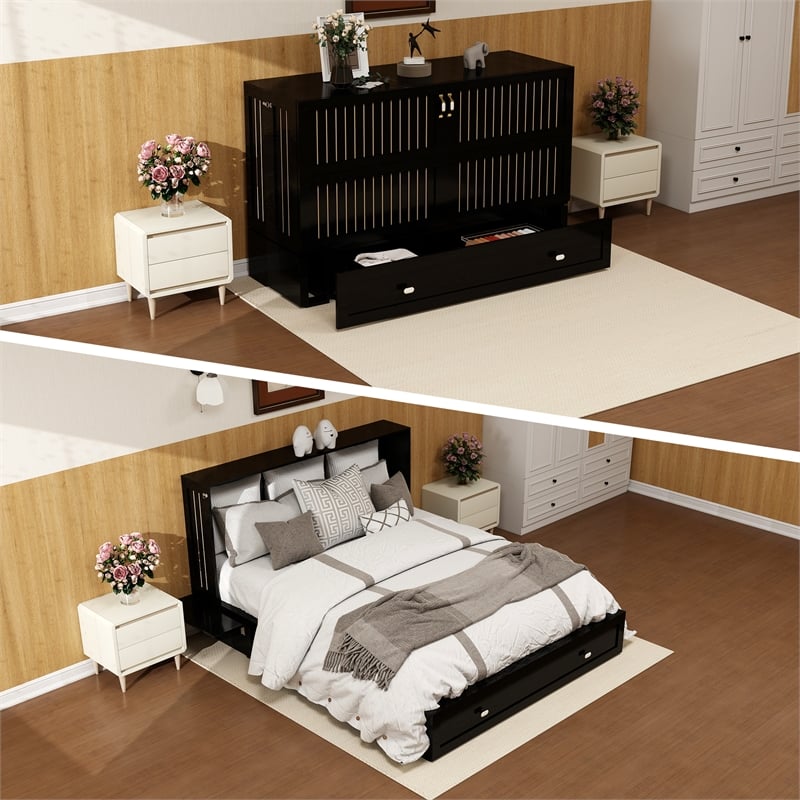 Livelylodge Queen Cabinet Wood Murphy Bed with Storage Drawer and Shelves Black