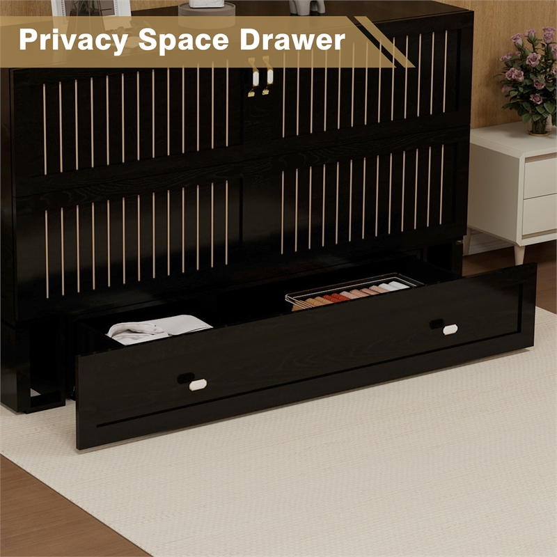 Livelylodge Queen Cabinet Wood Murphy Bed with Storage Drawer and Shelves Black