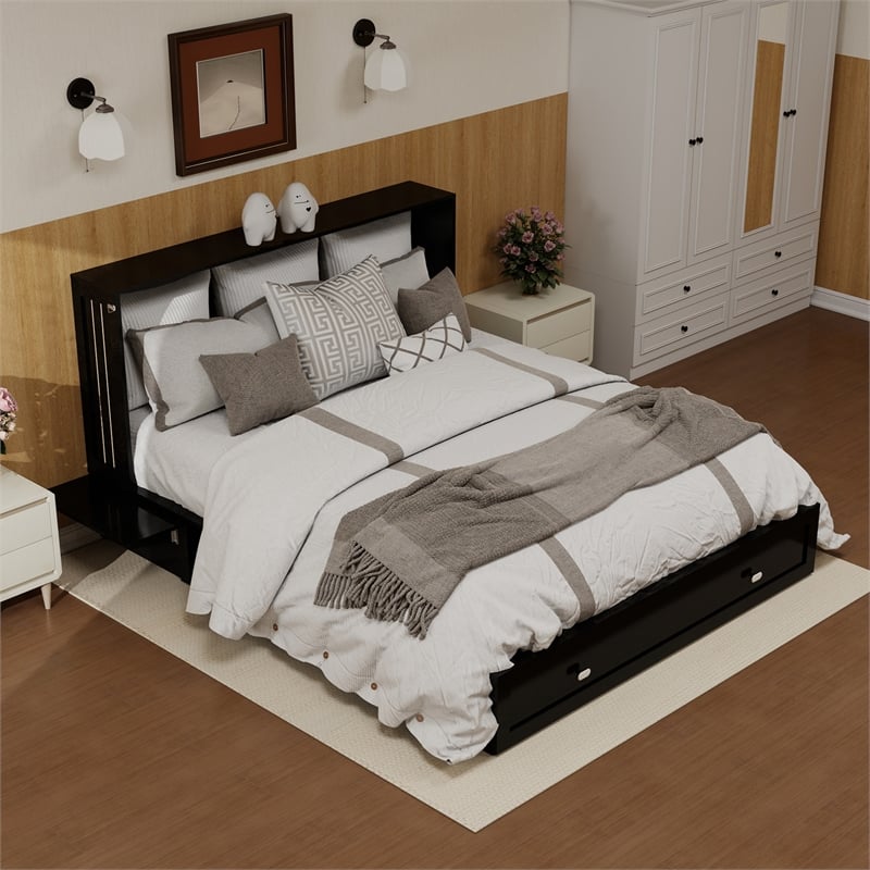 Livelylodge Queen Cabinet Wood Murphy Bed with Storage Drawer and Shelves Black