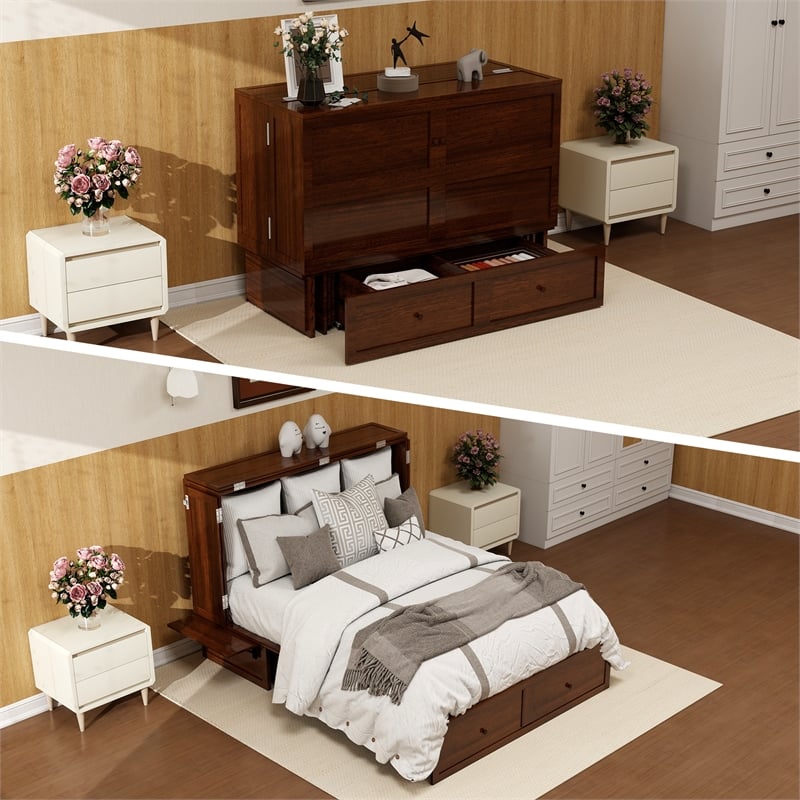 Livelylodge Teak Color Solid Wood Murphy Cabinet Bed with Drawers Space-Saving