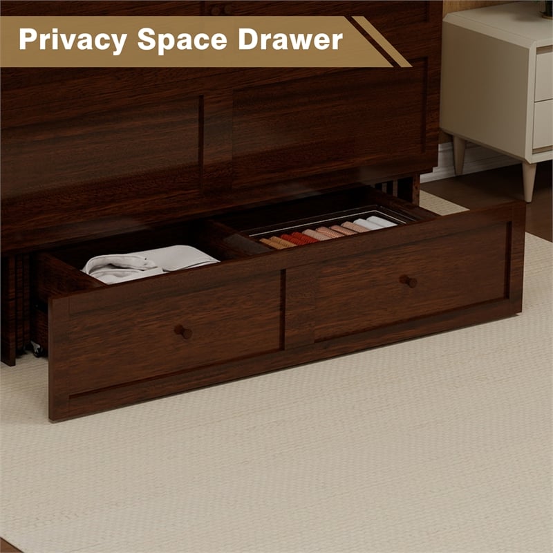 Livelylodge Teak Color Solid Wood Murphy Cabinet Bed with Drawers Space-Saving