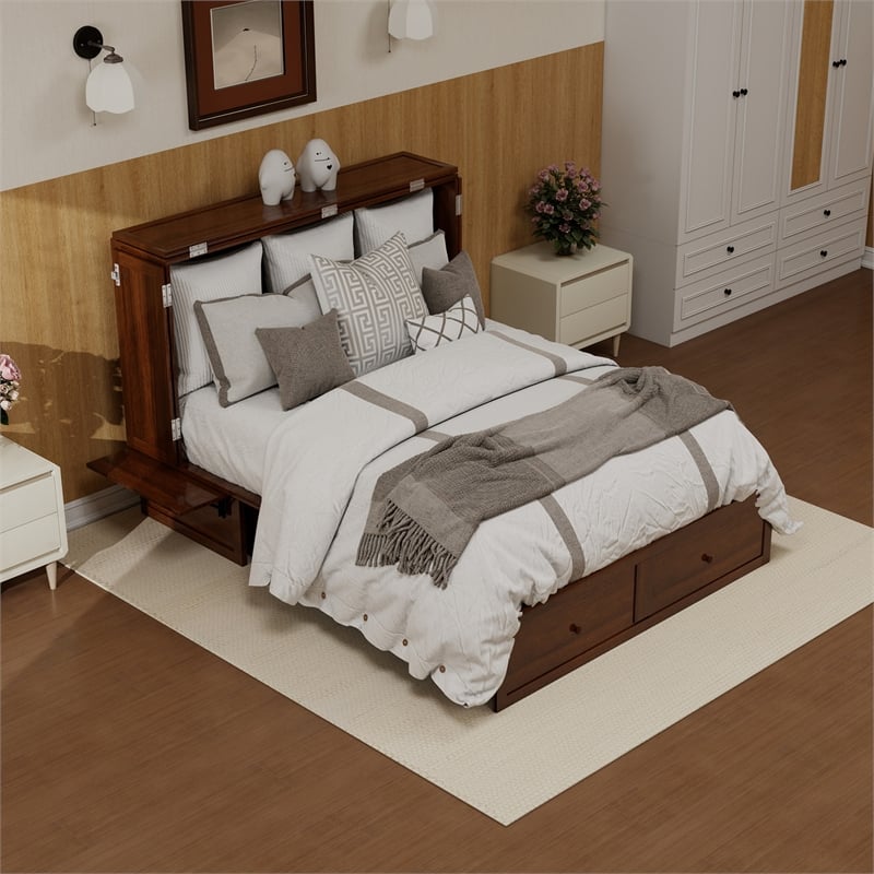 Livelylodge Teak Color Solid Wood Murphy Cabinet Bed with Drawers Space-Saving