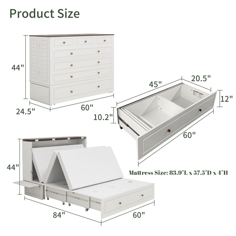 Livelylodge Wood Queen Murphy Bed with Storage Drawer in White