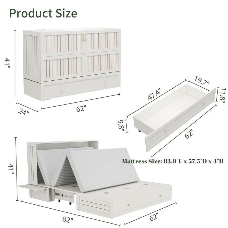 Livelylodge Wood Cabinet Murphy Bed Storage Space Drawer for Guest Room White