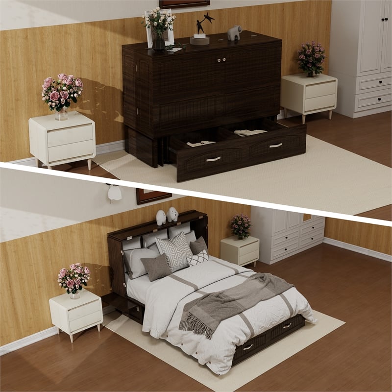 Livelylodge Black Walnut Queen Murphy Bed with Drawers Mobile Cabinet Chest Wood
