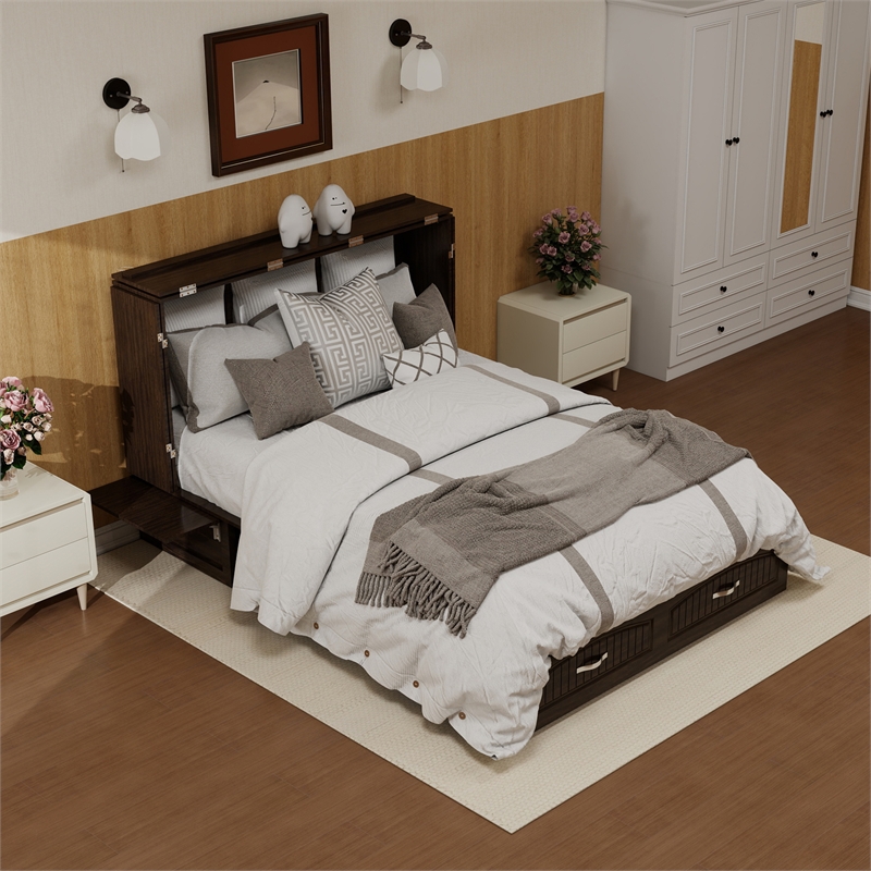 Livelylodge Black Walnut Queen Murphy Bed with Drawers Mobile Cabinet Chest Wood